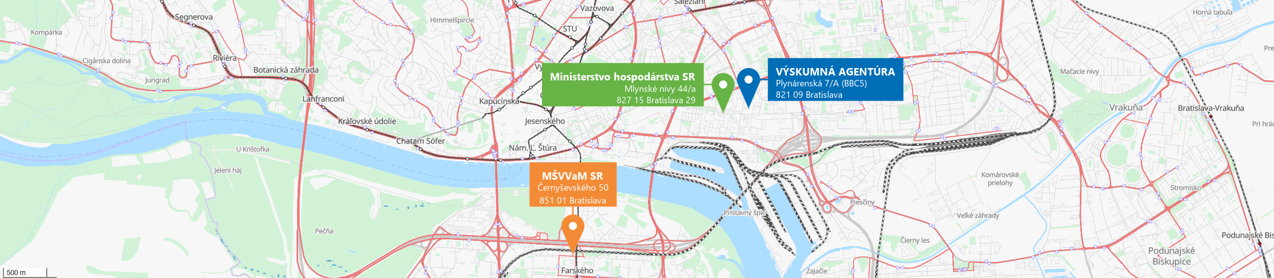 Mapa Bratislavy s vyznačenými sídlami MŠVVaM SR, Výskumnej agentúry a Ministerstva hospodárstva SR